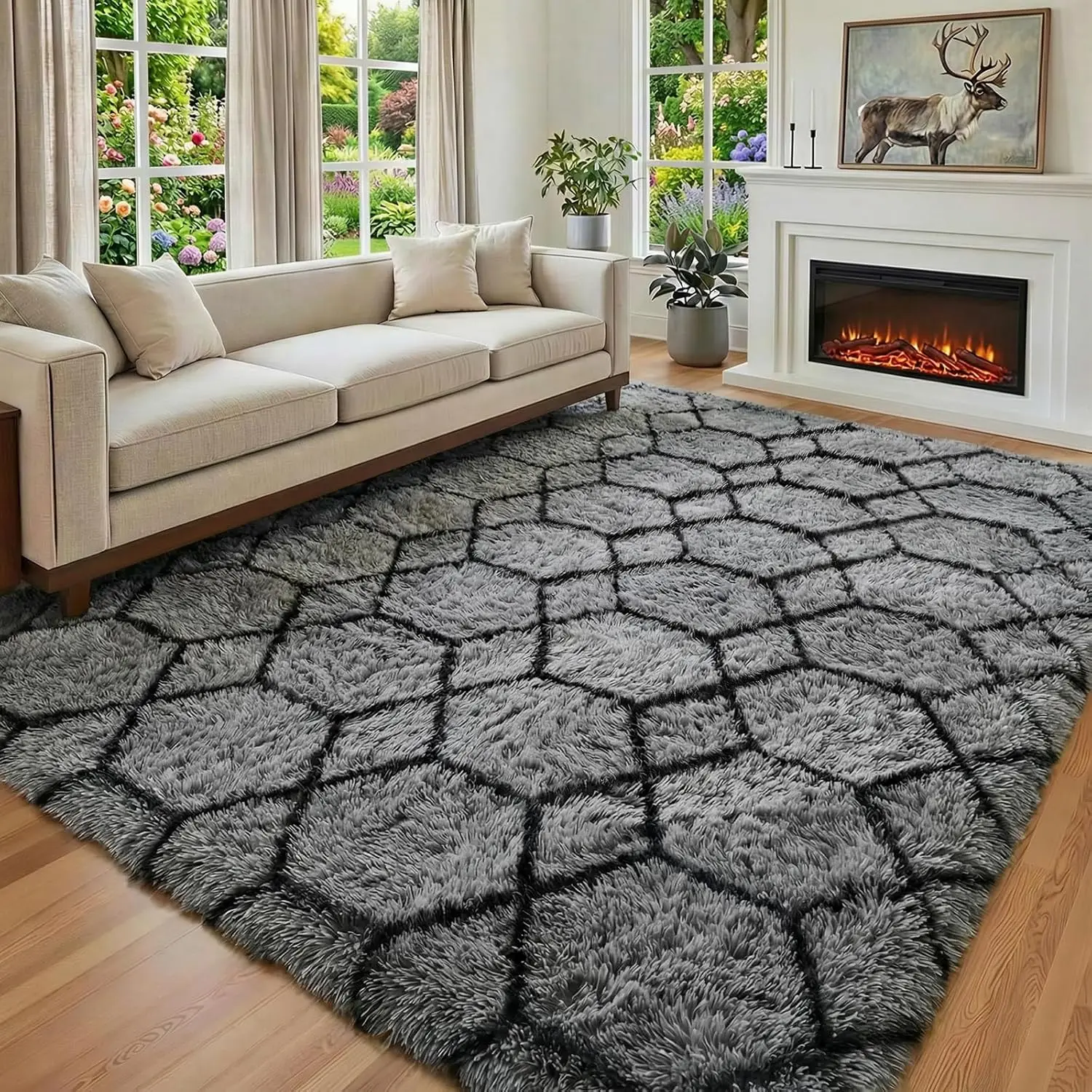 

Большой пушистый серо-черный ковер с геометрическим узором, мягкий плюшевый ковер с длинным ворсом для декора гостиной и спальни