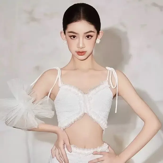 Conjunto de baile latino de verano para niños, falda con borlas y tiras de encaje de lentejuelas, competición de entrenamiento de Samba Rumba, conjunto de dos piezas de ropa