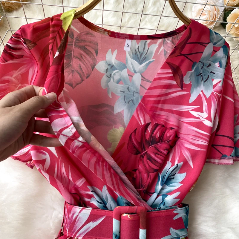 Vestido plissado floral série francesa decote em v, vestido de verão feminino, cintura cinching, temperamento fino chiffon resort vestidos