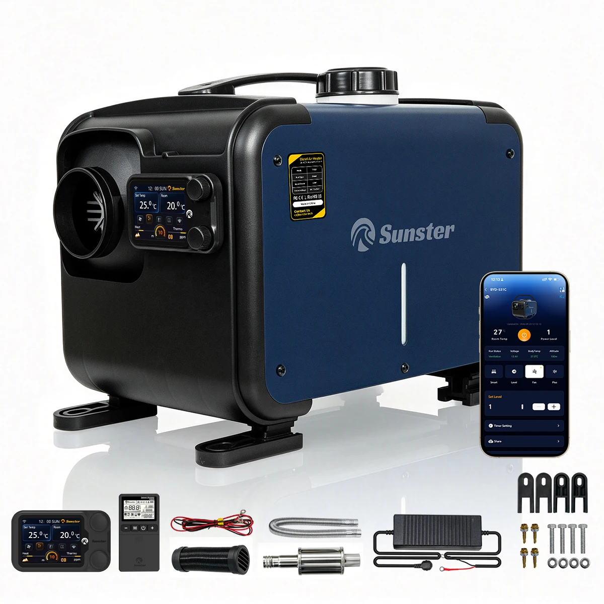 8KW Diesel-Luftheizung 12V/24V mit WiFi-App-Steuerung, CO-Monitor, LCD-Bildschirm, kabelloser Fernbedienung, leise Standheizung für Auto, Wohnmobil, LKW