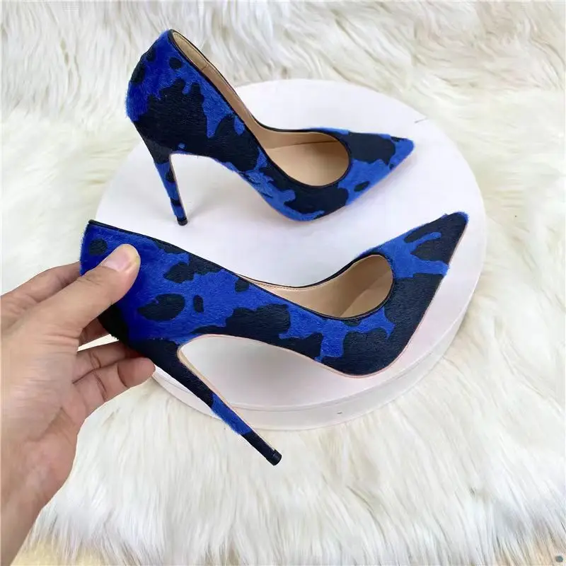 

Blue Cow Pattern Slip On Shallow Pumps Thin High Heel Pointed Toe Fashion Sexy Summer Big Size 2024 Woman Shoes Zapatillas Mujer