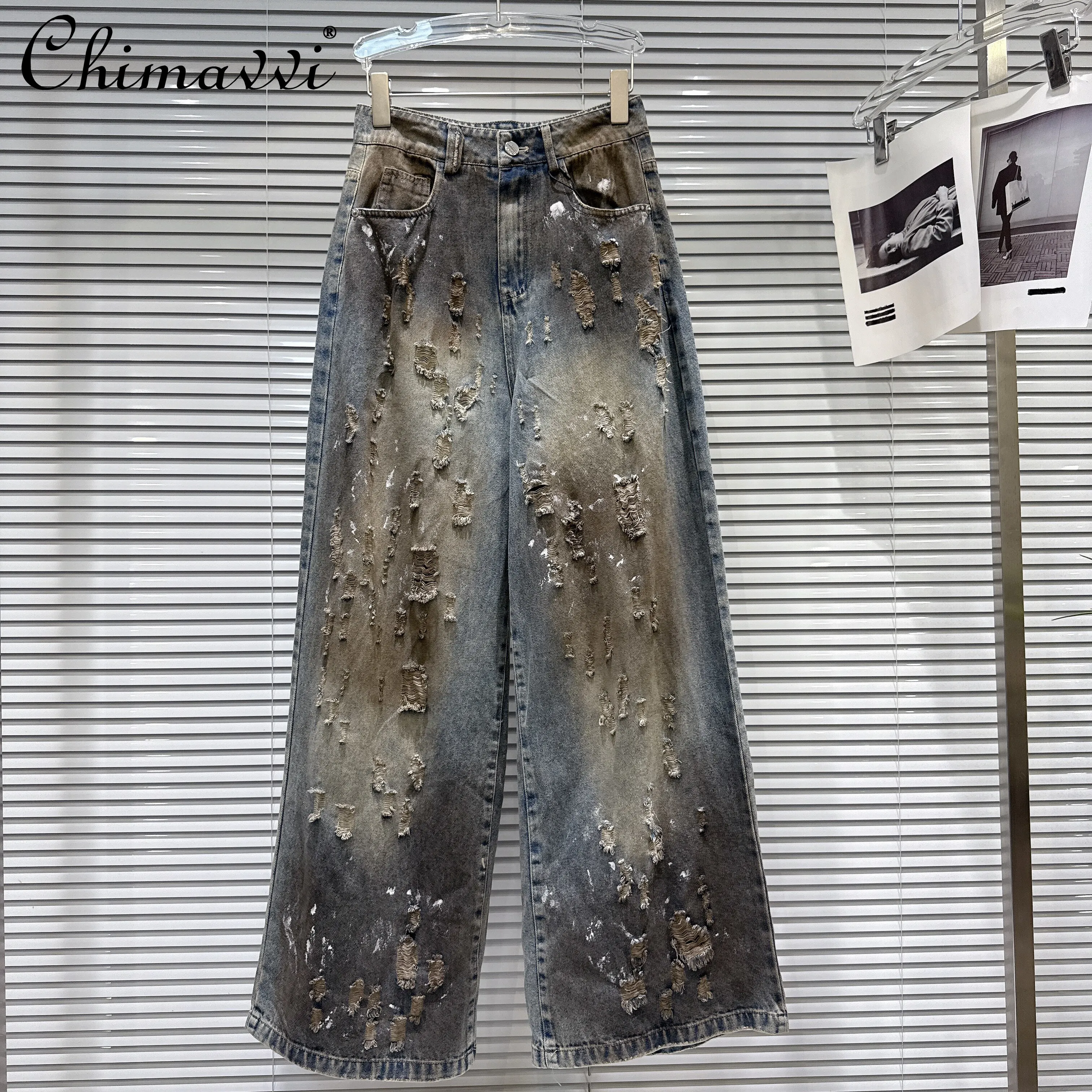 

Летние джинсы 2026 в корейском стиле: модные ретро-брюки с широкими штанинами, высокой талией, рваные, прямые, свободные, из денима, для женщин