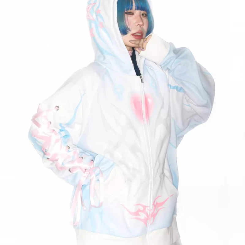 Japanese Original Autumn Winter Women's Clothing Cartoon Bow Lace-up Hoodies Loose Thin Sweet Zipper Sweatshirts Coat Ladies
