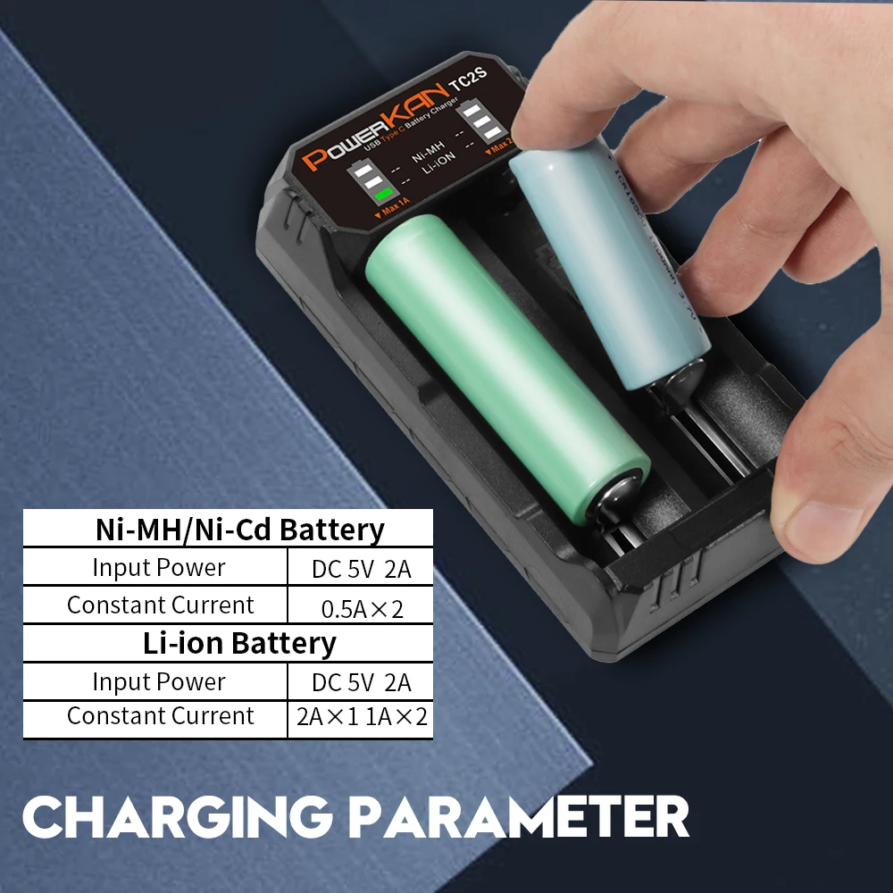 POWERKAN TC2S 2 Slot Rechargeable Battery Charger 18650 Fast Charging Type C for A/AA/AAA/AAAA/SC/C/F6 Ni-MH and Li ion Batteres