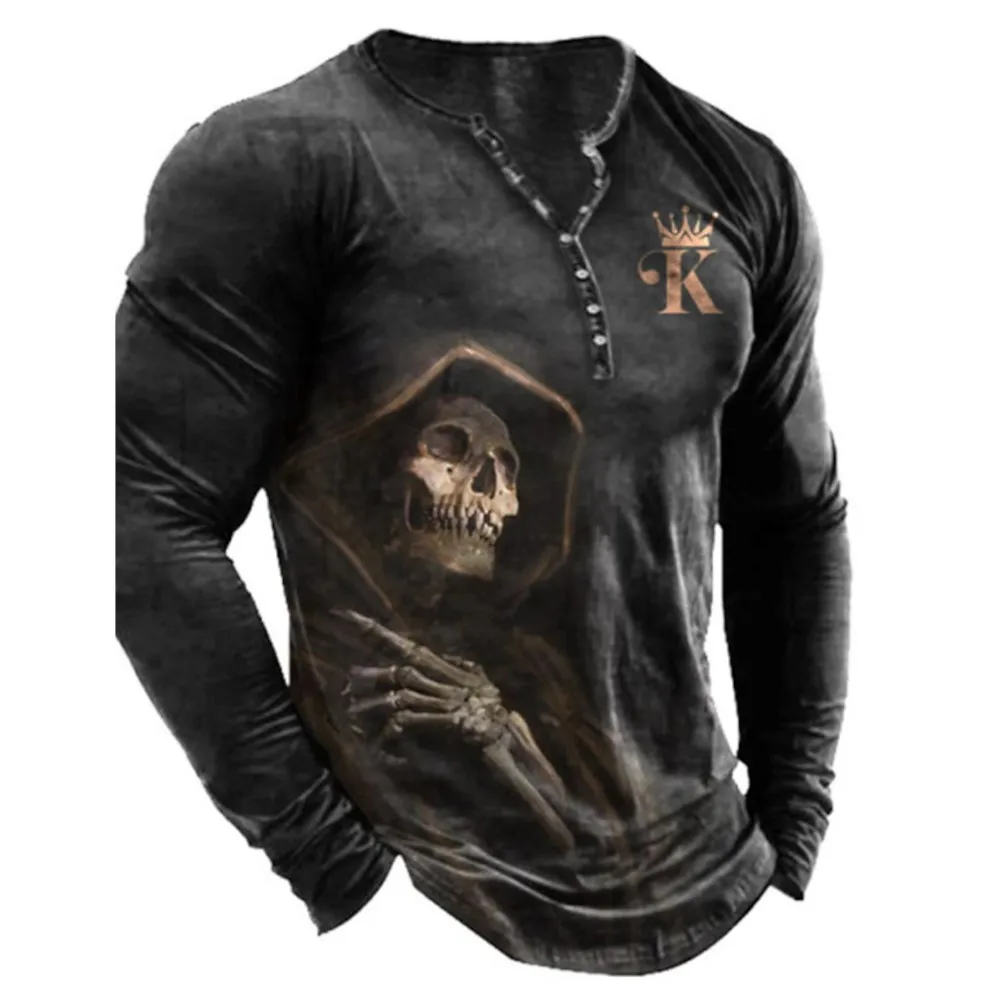 Button-Up V-Neck Vintage Skull King Short Sleeve Goth T-Shirt For Men Punk Street Wear For Men Oversized Brazilianspanisht-Shirt