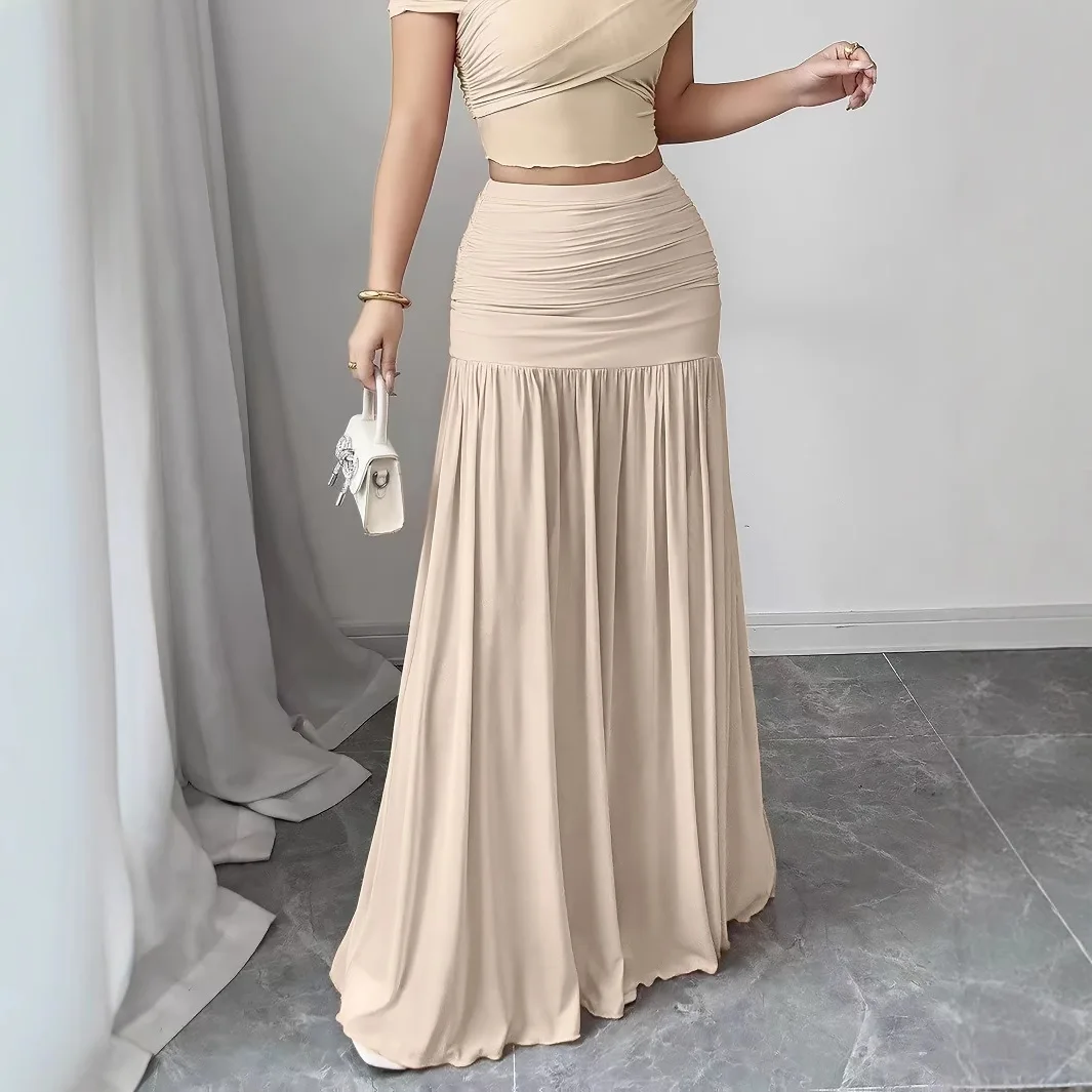 Summer 2026 Cross Border New Ladies' Elegant Solid Color Folded Long Skirt