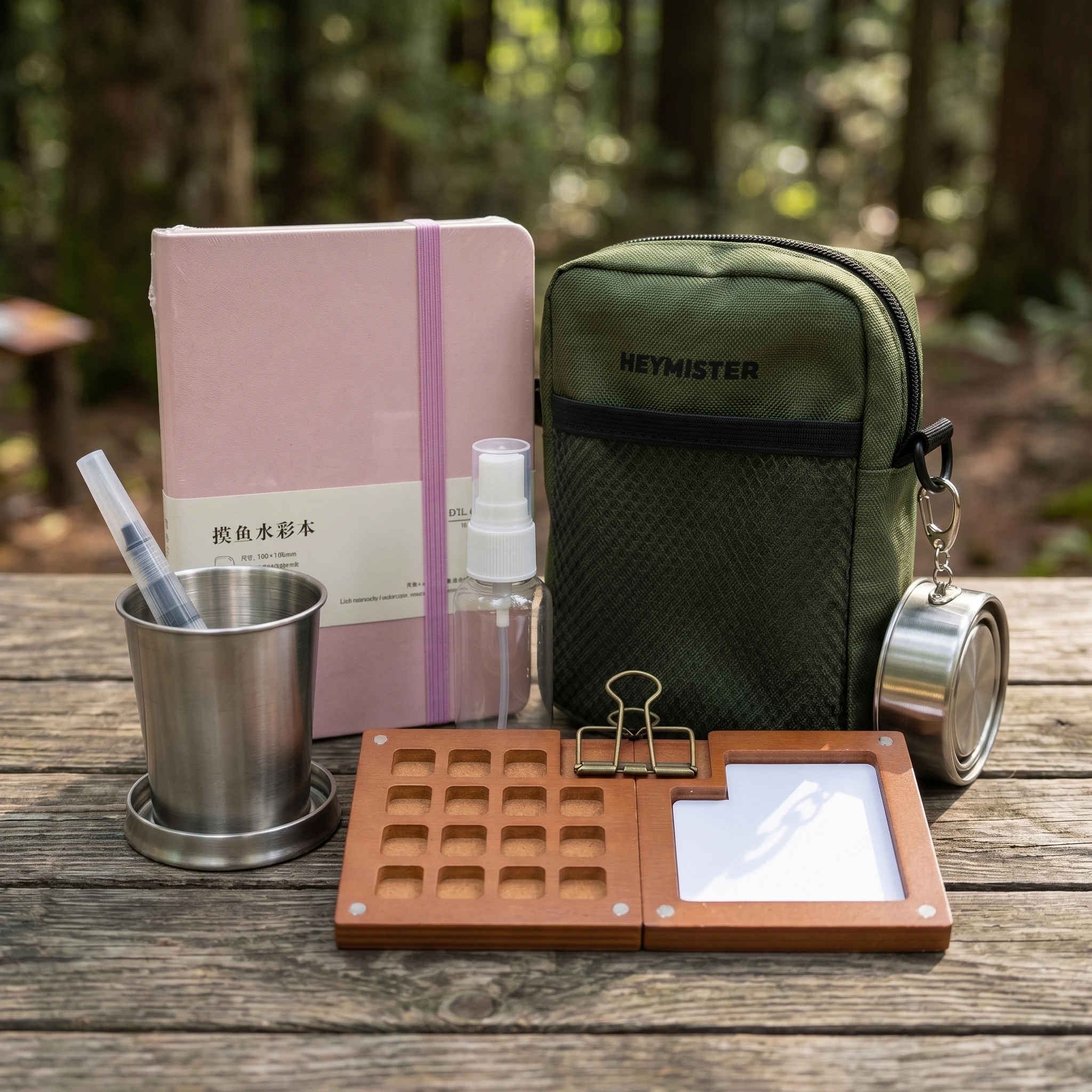 

Mini Watercolor Paint Set Walnut Wood 15-Color Pocket Travel Paint Kit with Bag Watercolor Journal Metal Clip Paint Cup Brush