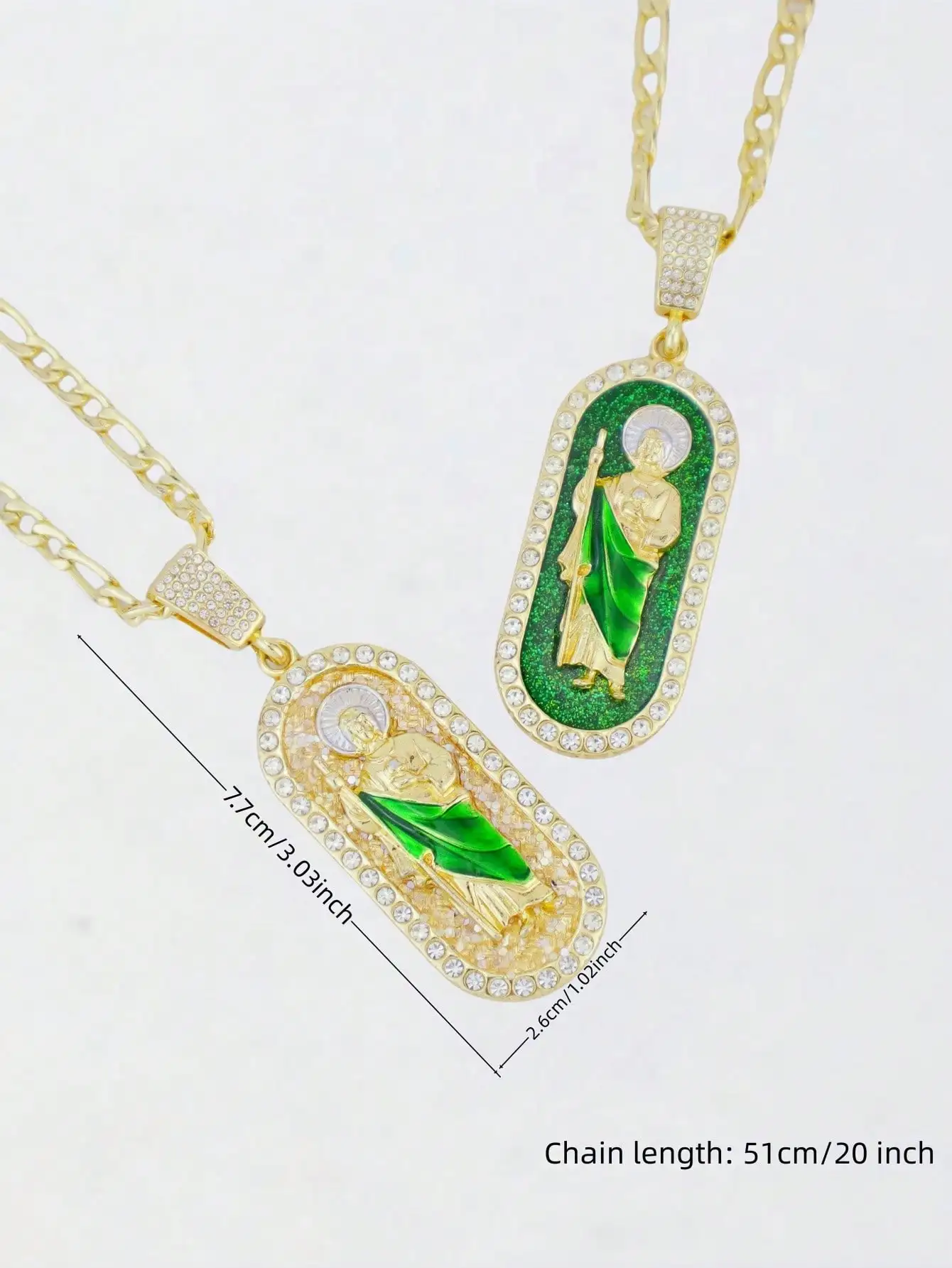 1 Piece Sparkling Green St. Jude Pendant Saint Jude Figaro Chain