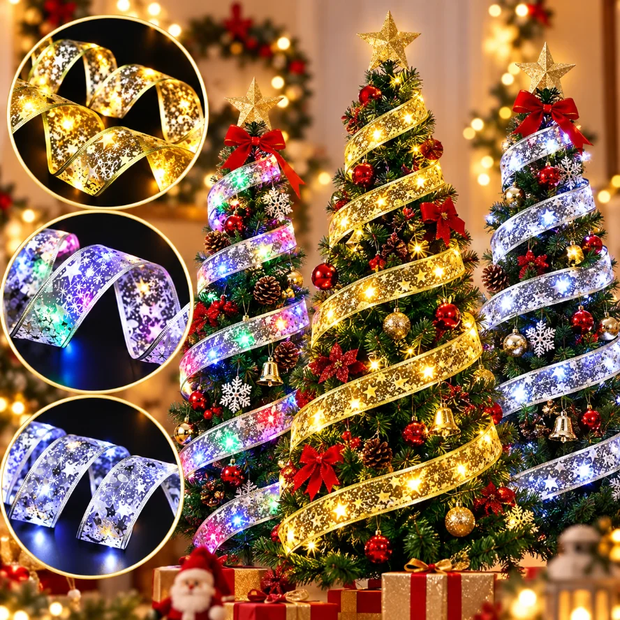 10~1m Gold/silver Christmas Ribbon Fairy Light Christmas Decoration DIY String Light Tree Ornaments for Home Xmas Decor New Year