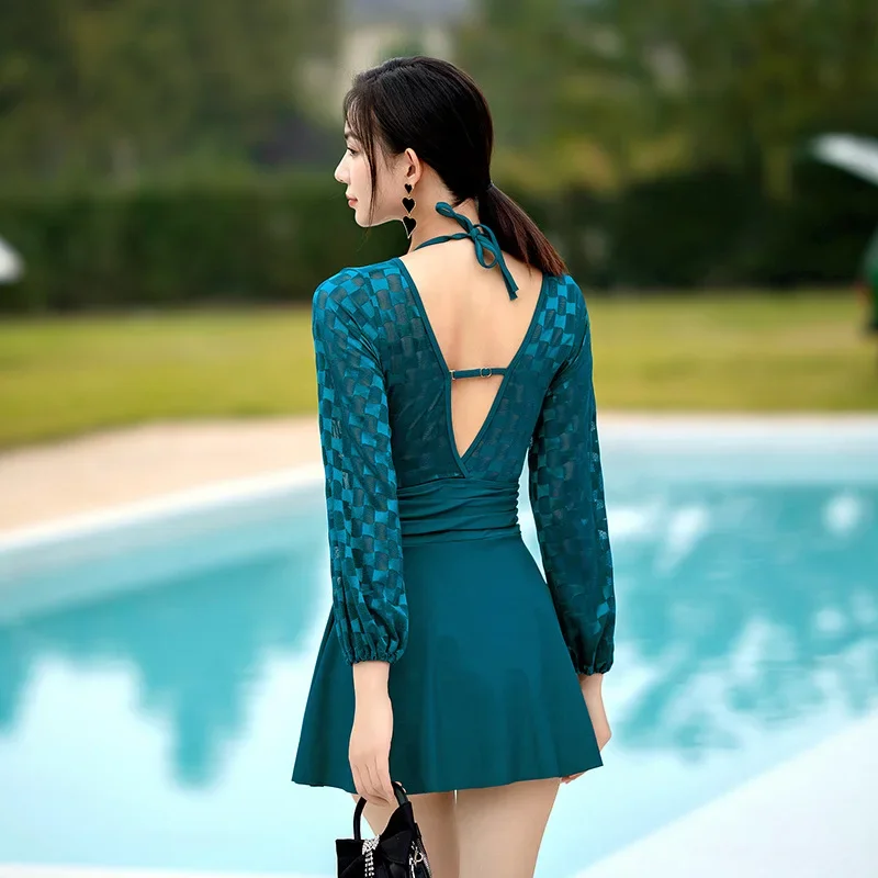 wisuwore Long Sleeve Swimsuit Women V-Neck Slip Dress Korean Style  New Sexy Skirt One-piece Summer Vacation Slimming Swimsuit