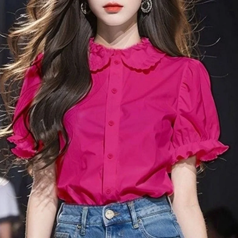 

Summer New Patchwork Ruffles Round Neck Short Sleeve Solid Color High Quality Women's Wear Single Breasted Office Lady Shirt