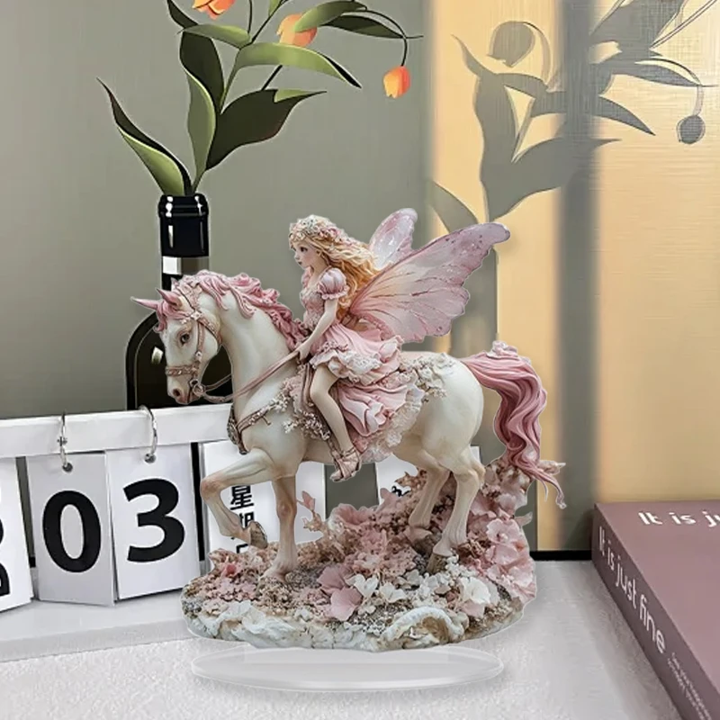 Fairy Riding Horse Statue,2D Flat Acrylic Elves Princess Figurine,Home,Cafe,Room,Studio,display Case,Table Desktop Ornament