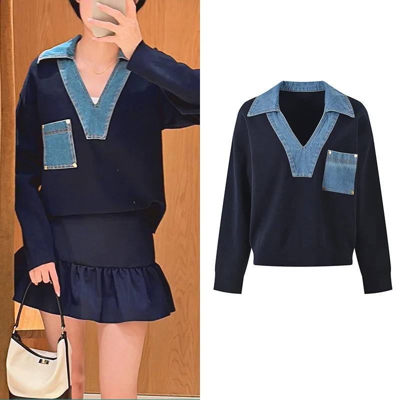 

2025 Autumn and Winter New Arrival Designer Color-block Denim Patchwork V-neck Fashionable Versatile Short-sleeve Niche Knit Top