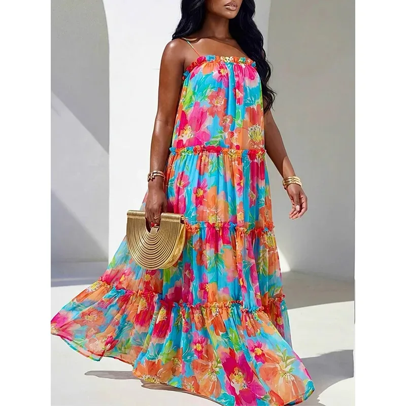 Slergiri Floral Print Frill Trim Cami Dress Women Fashion New 2026 Summer Sweet Vacation Loose Ruffle Hem Boho Long Dresses
