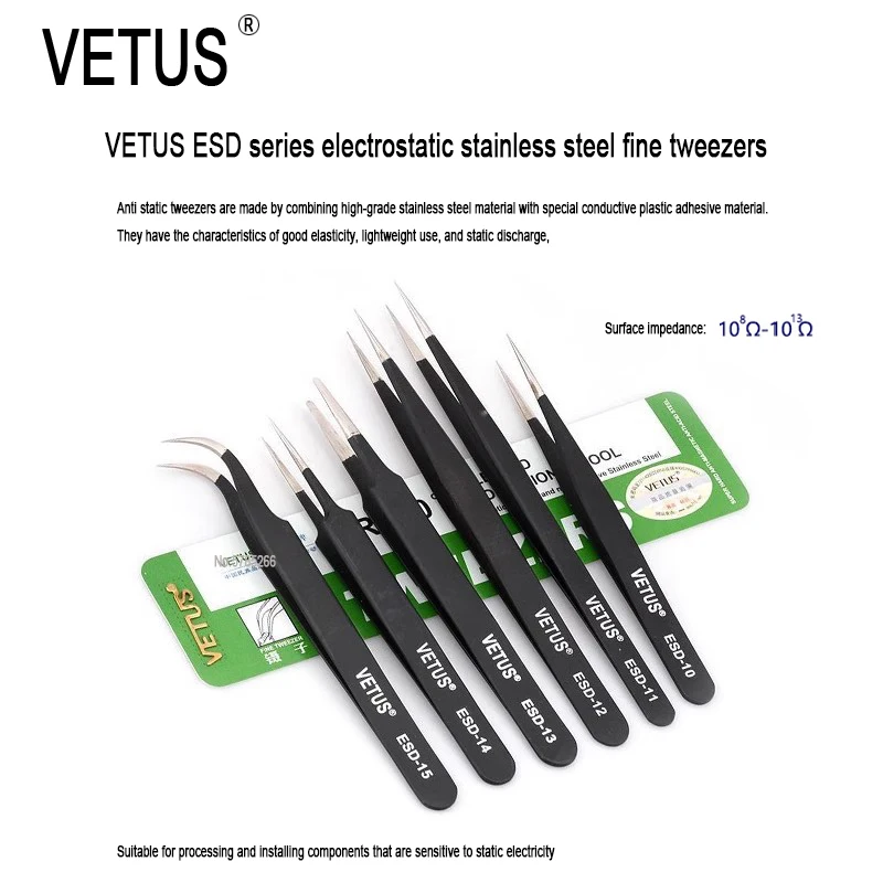 

VETUS 6pcs ESD 10 11 12 13 14 15 Anti-static Stainless Steel Tweezers Set For Electronic Cell Phone Repair Tools Kit