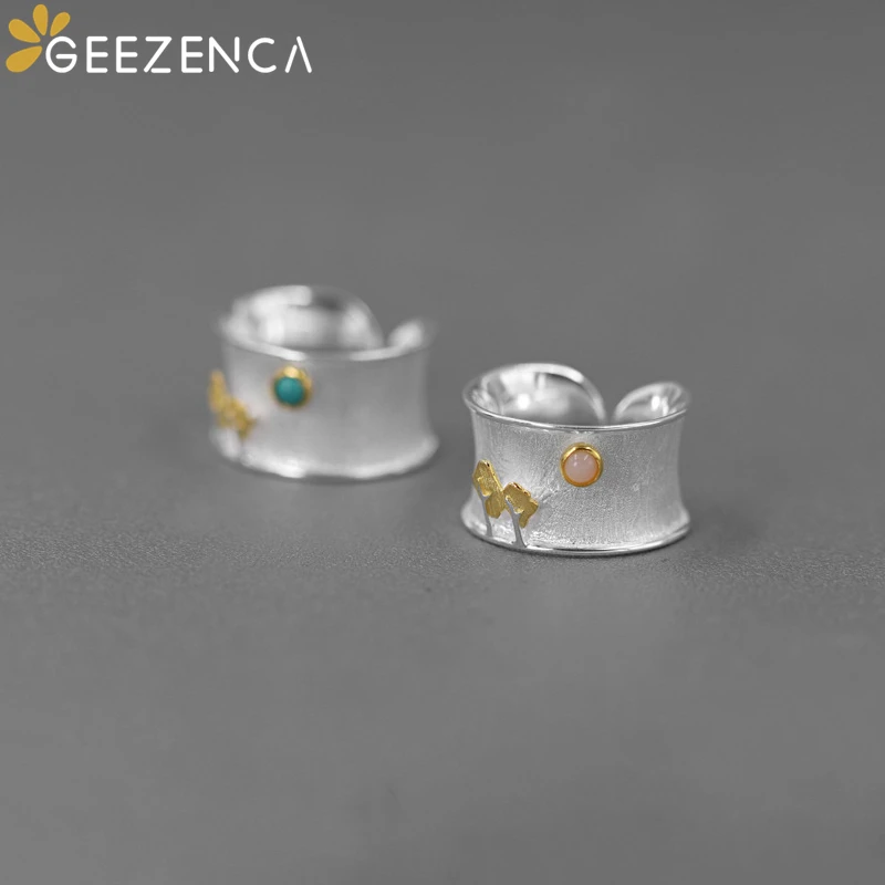 GEEZENCA 925 Sterling Silver Two Tone Opal Turquoise Wide Rings For Women Designer Chic Tree Moon Cocktail Ring 2023 New Gift