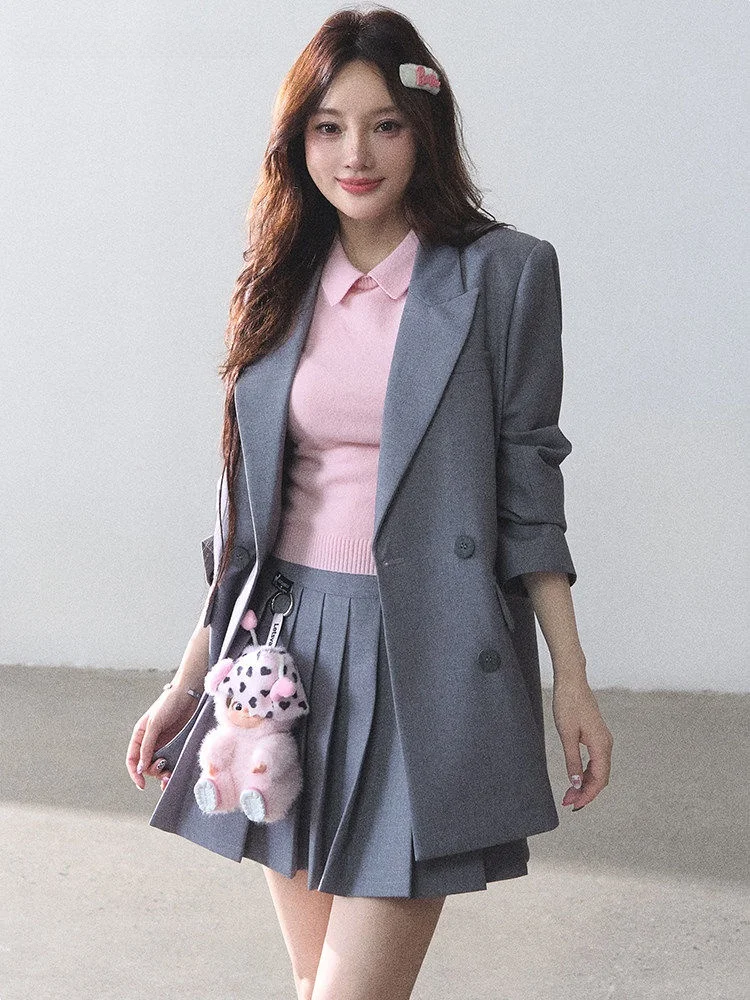 Lulusmiracle Classic Preppy Style  And Skirt Set Office Friendly Checkered Shirt Long Sleeve Midi Length Polyester Fiber