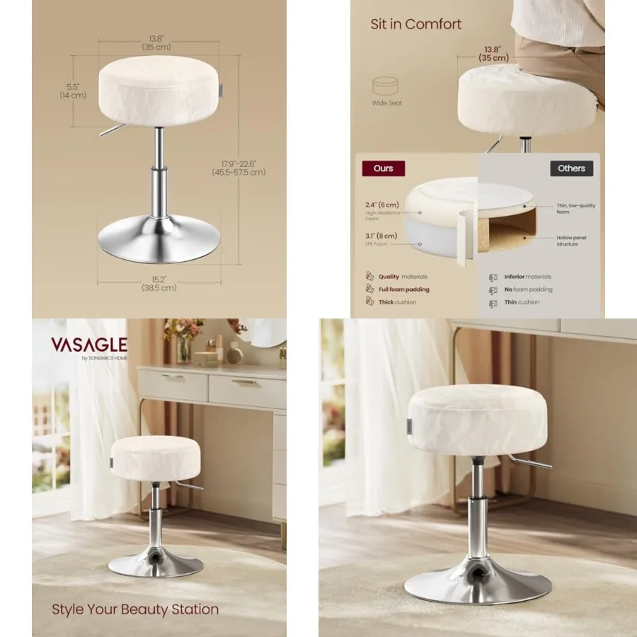 

Adjustable Bar Stool, Makeup Vanity Chair, 360° Swivel Ottoman Stool, PU Upholstery, Thick Cushion, for Bedroom, Kitchen, Dinin
