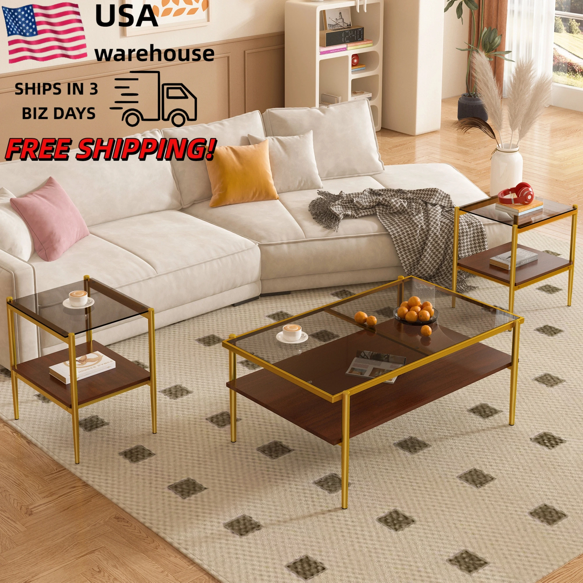 

Golden Frame 3 Pieces Glass Coffee Table Set Living Room Coffee Table with Side Tables Set of 3 Drop Shipping Products