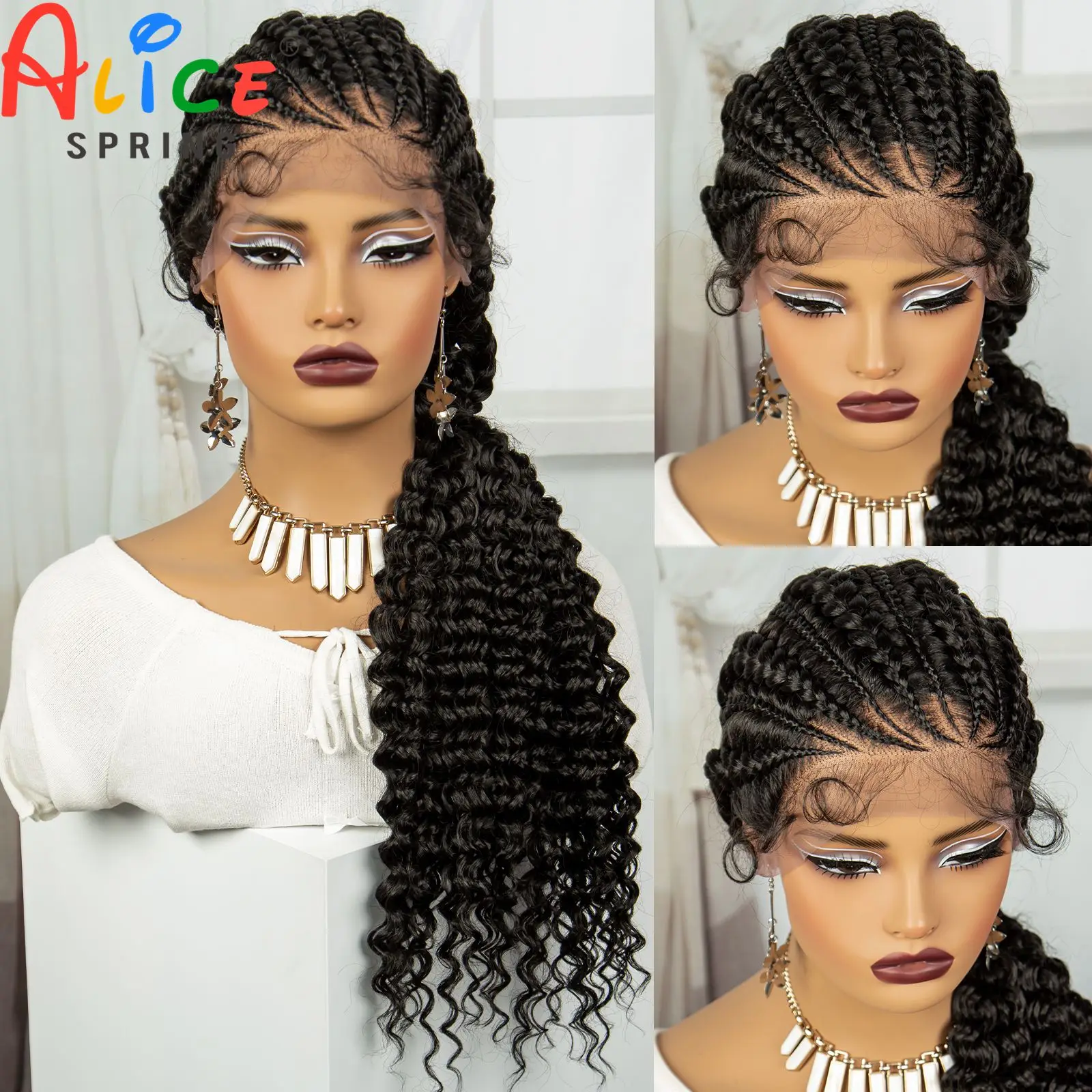 28 Inch Natural Knot;ess Cornrow Braided Wigs With Baby Hair Synthetic Lace Frontal Braids Wigs with Curly Ends For Black Women