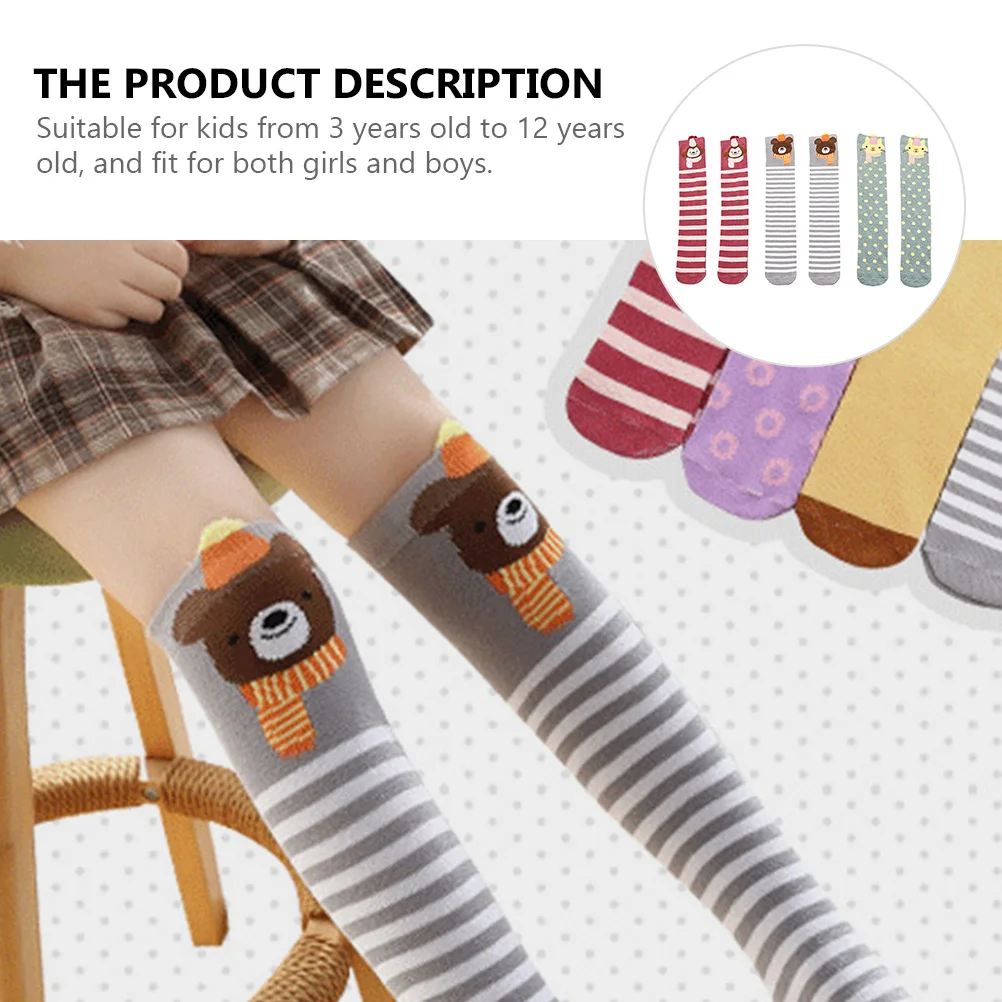 

3Pairs Children Cotton Knee Socks Kids High Sock Cartoon Design Warm Comfortable Safe for Boys Girls Daily Use