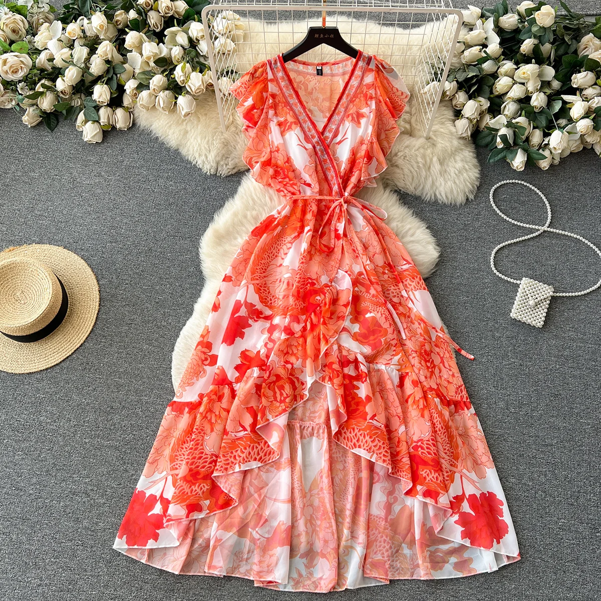 

Beach Summer Dress Women 2023 Vintage Flower Print Elegant Dress Ruffle Sleeve V Neck Waist Tie High Low Chiffon Long Dresses