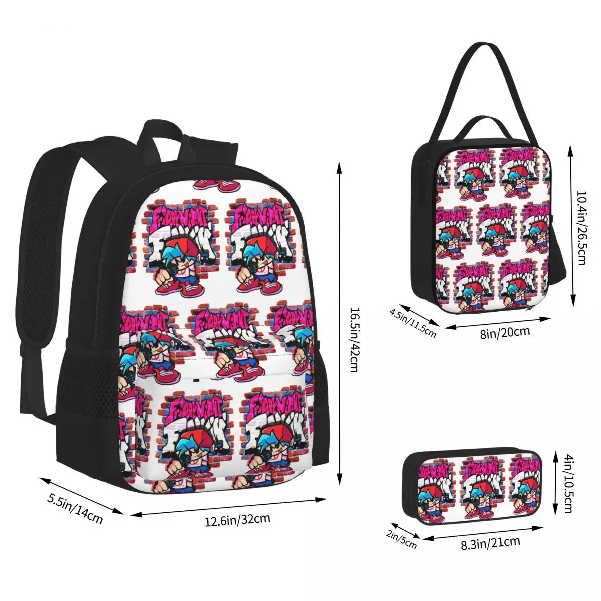 BoyFriend FNF. Brick Wall Backpacks Kids Bookbag School Bags Rucksack Lunch Bag Pen Bag Three-Piece Set