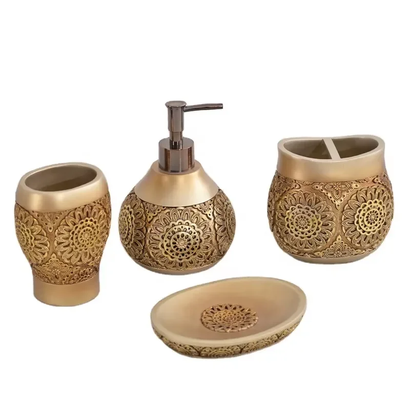 Modern Beige Gold Resin Bathroom Accessories Set 7 Piece Luxury Eco Friendly Durable Hotel Design Topsky Home Decor Kit