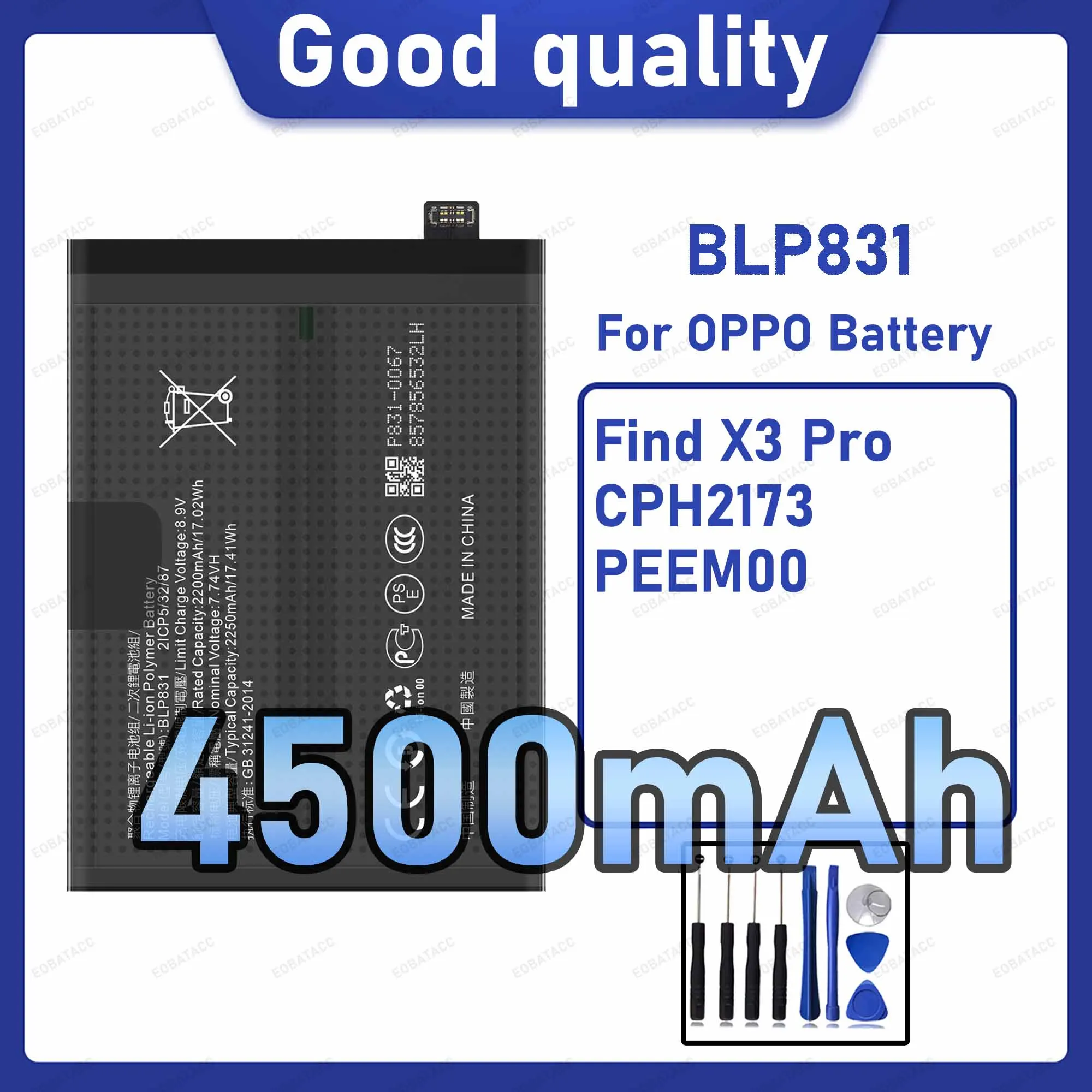 4500mAh BLP831 Replacement Battery for OPPO Find X3 Pro/CPH2173 with Repair Tools Kit