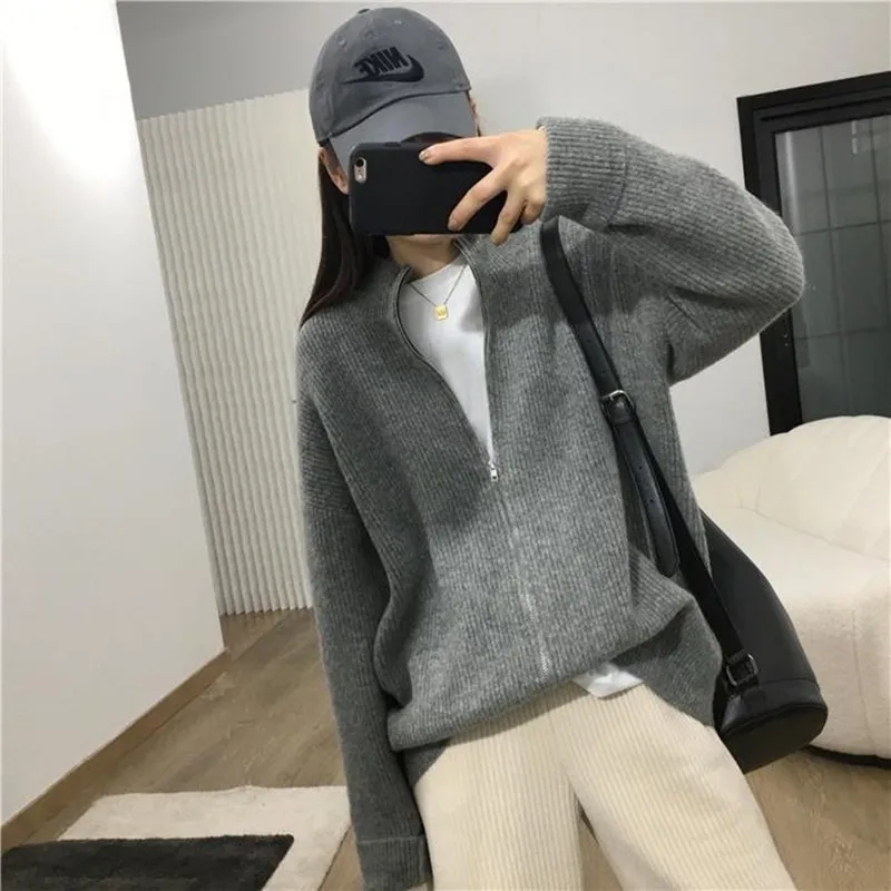 Cashmere sweater women\'s half high neck cardigan 100% wool knitted long sleeved jacket loose and soft sweater Korean fashion top