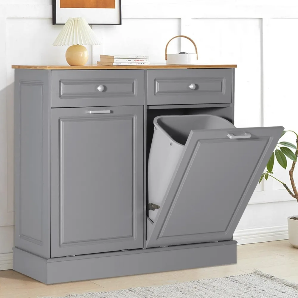 

Double Kitchen Trash Cabinets Dual Tilt Out Trash Cabinet with Two Solid Wood Hideaway Trash Holder Drawers, Free Standing