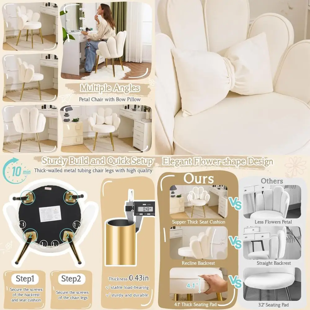 

White Velvet Petal Chair with Adjustable Gold Legs and Bow Pillow for Home Office, Bedroom, Modern Dining