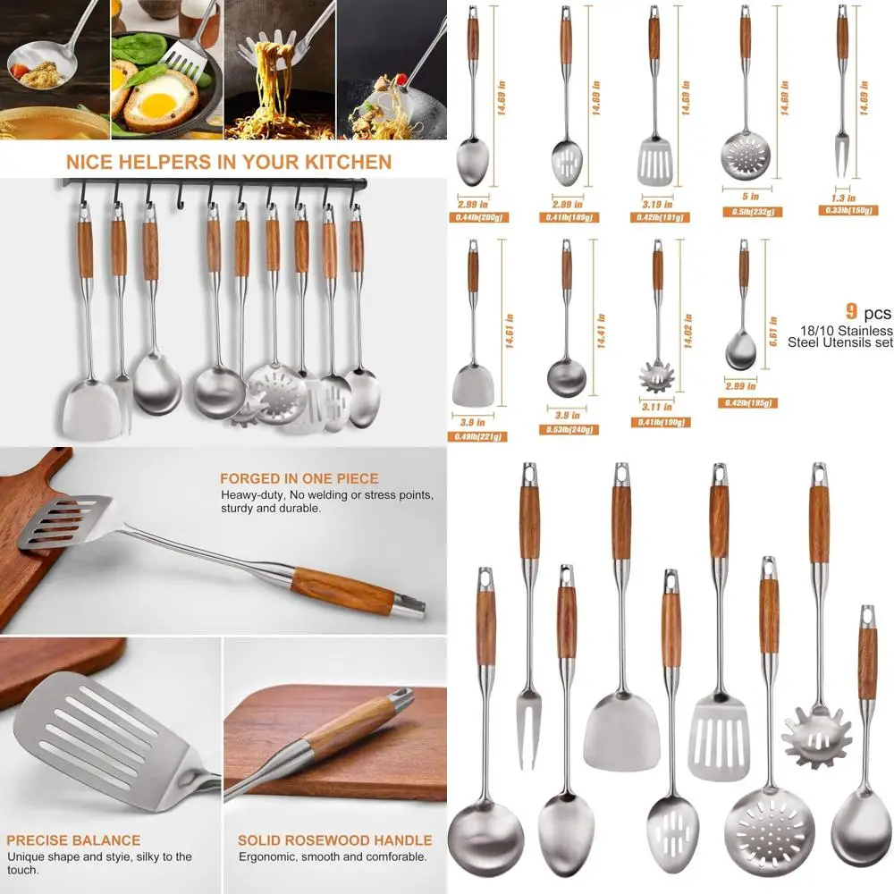

Wooden-Handled 304 Stainless Steel Kitchen Utensil Set, Heat-Resistant Cooking Tools with Spatula