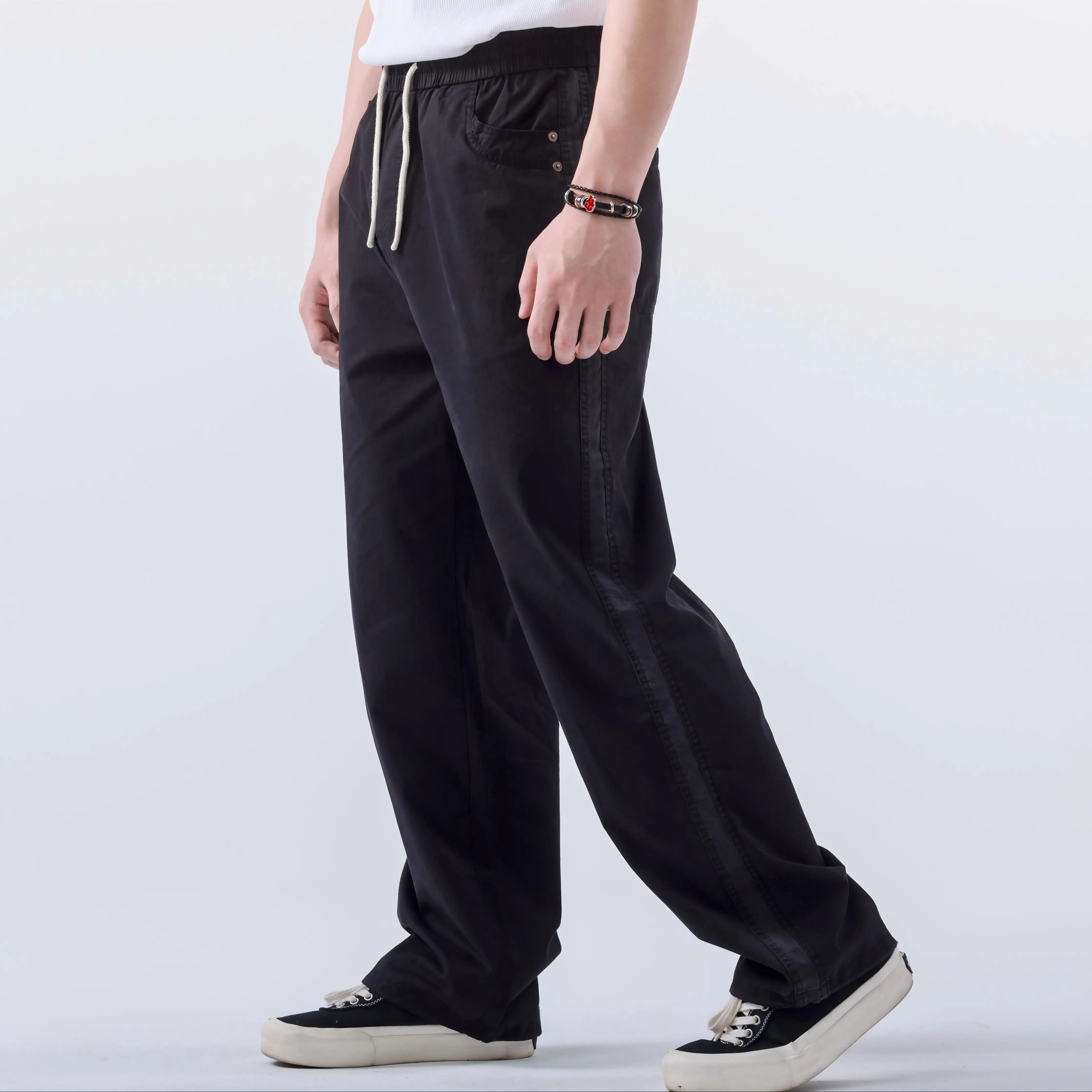 Cotton Vintage Elastic Waist Drawstring Long Pants Casual Wide Leg Pants Distressed Washed Trouser for Men