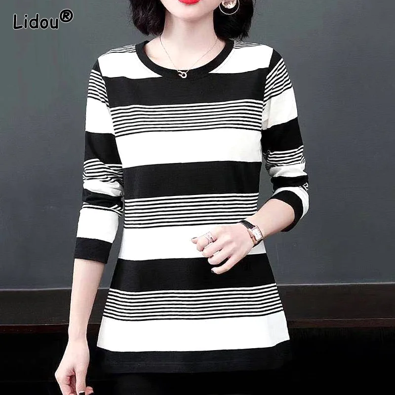 

Vintage Striped O-neck Trend All-match Slim Fit Spring Summer Women's Clothing 2022 Simple Elasticity Comfortable T-shirts