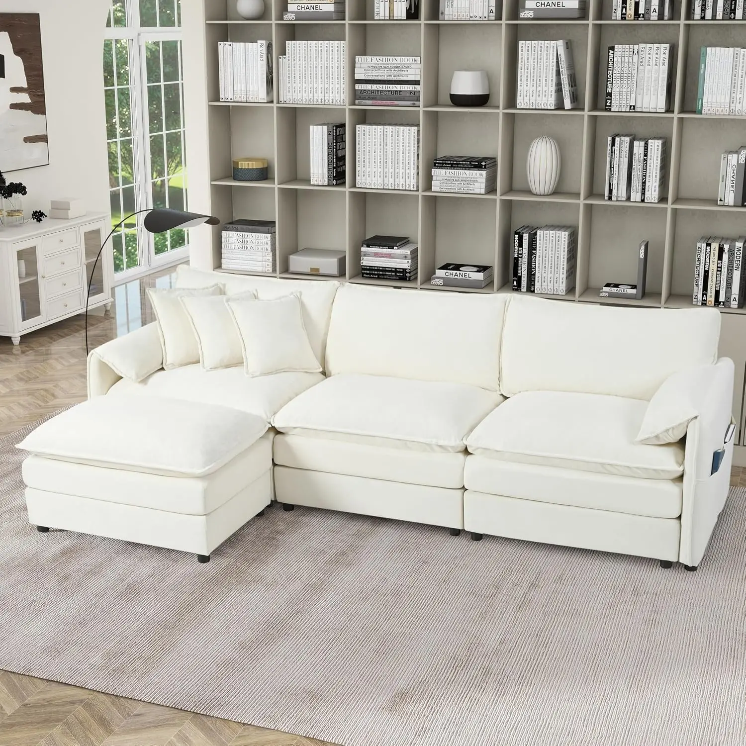 L Shaped Modular Sectional Sofa, 4-Seater Chenille Cloud Couch With Movable Ottoman For Living Room, 110 Inch, White, Customized