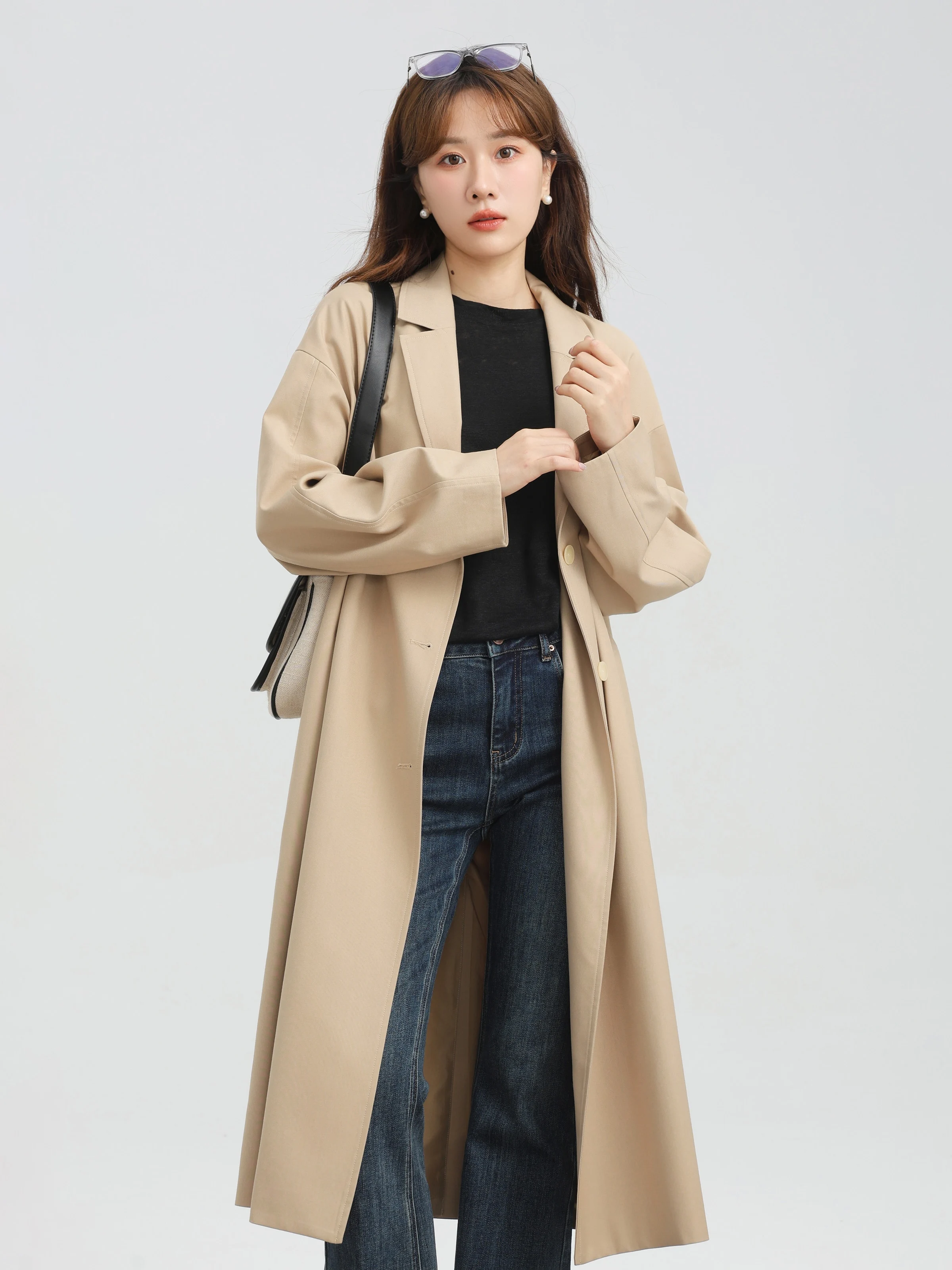 Loose Long Trench Coat Women Blazer Collar Casual Drop Shoulder Overcoat Autumn British Style Minimalist Outerwear Office Daily
