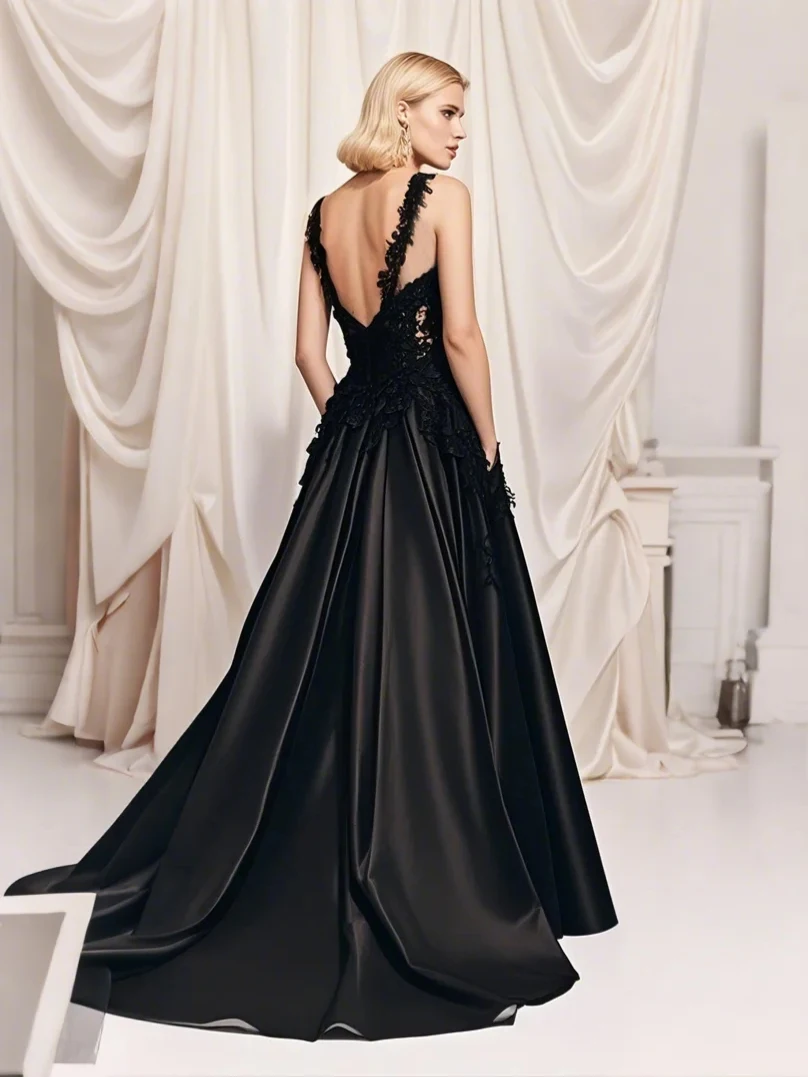 นางเงือก/ทรัมเป็ตElegantลูกไม้สีดําซาตินงานแต่งงานชุดVคอAppliquesเซ็กซี่ชุดราตรียาวชุด 2025 ฟรีที่กําหนดเอง