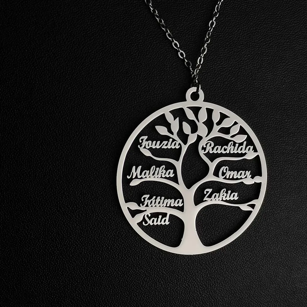 Custom 1-9 Names Stainless Steel Tree of Life Necklace Family Tree Pendant Necklace Family Nameplate Jewelry