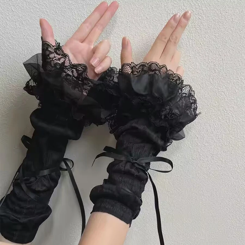 Lolita Girls Multi Layer Ruffle Lace Hand Sleeves Long Fingerless Gloves Elegant Wedding Bridal Detachable Cuffs