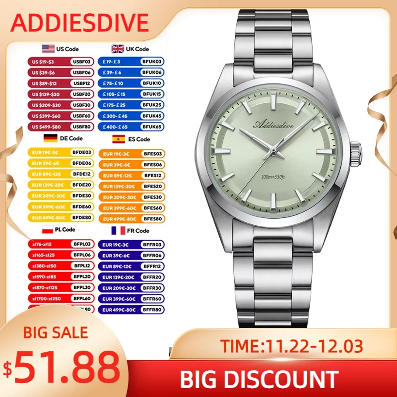 ADDIESDIVE 36mm Luxury Quartz Watch For Men 316L Stainless Steel Bubble Mirror Glass BGW9 Luminous Watches AD2066 Men WristWatch