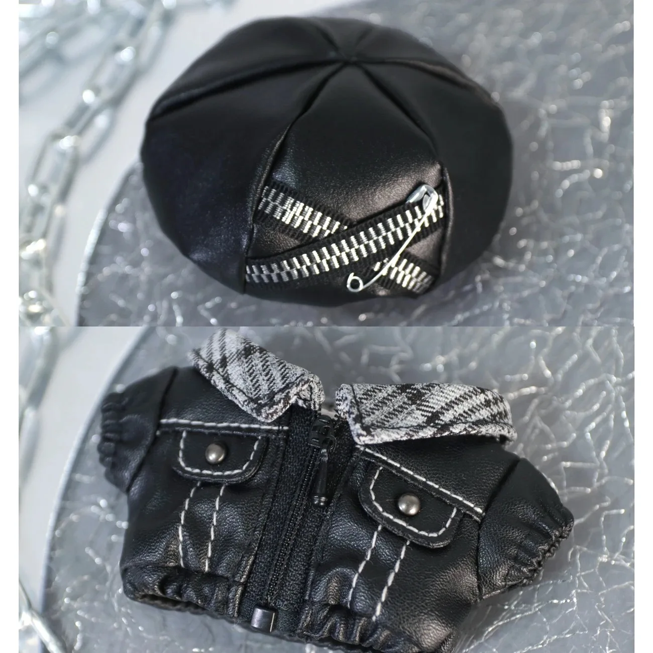 2026 new 10cm cosplay leather jacket, leather hat, old record set, doll leather jacket, color blocked