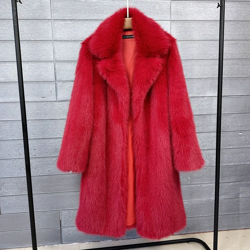 Pakaian Wanita Mewah Mantel Bulu Palsu Merah Muda Musim Dingin Baru Hangat Ukuran Besar Mantel Kulit Panjang Sedang Jaket Bulu Rubah Palsu Bulu Kelinci