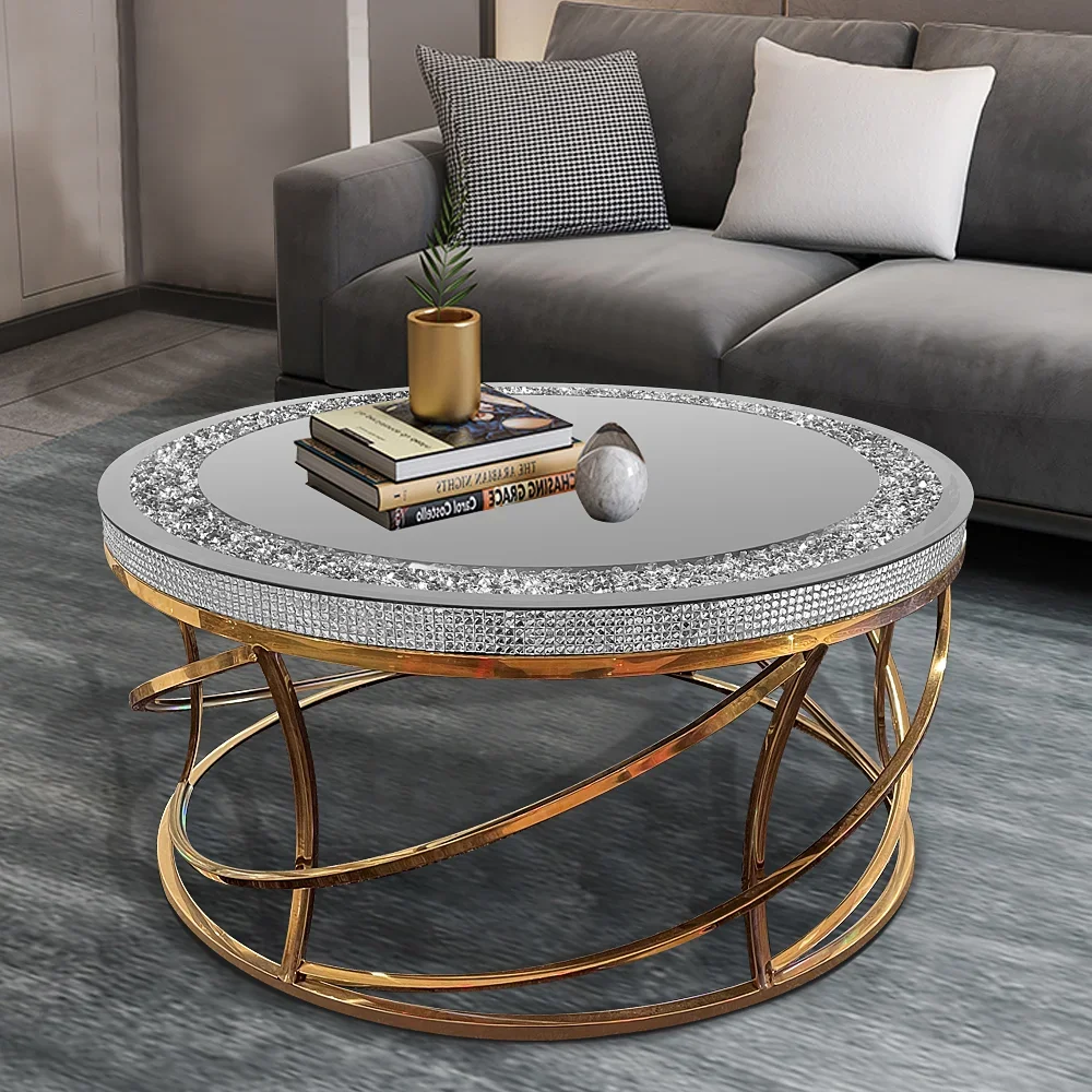 

For Luxury Living Room Furniture Gold Stainless Steel Coffee Table Mirror Diamond Center Table Side Table Set