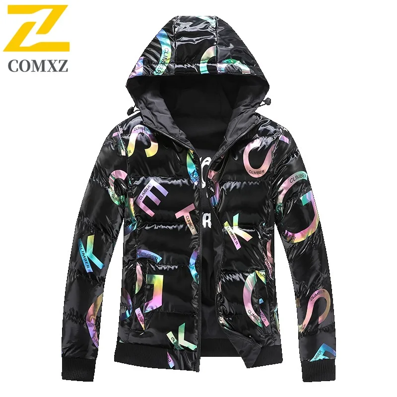 COMXZ Giacca imbottita alla moda da uomo con cappuccio Sci all'aperto Parka caldo addensato Finitura lucida Cappotto imbottito invernale leggero
