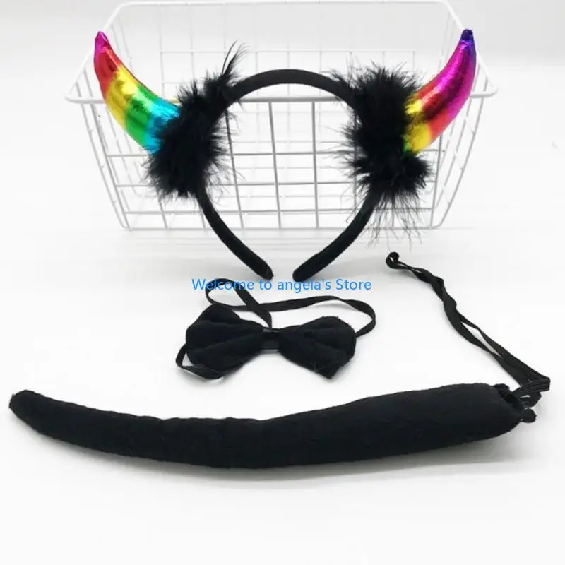 X4YC Devil Ears Headband Bow Tie Tail Set Cosplays Performances Prop for Women Kids