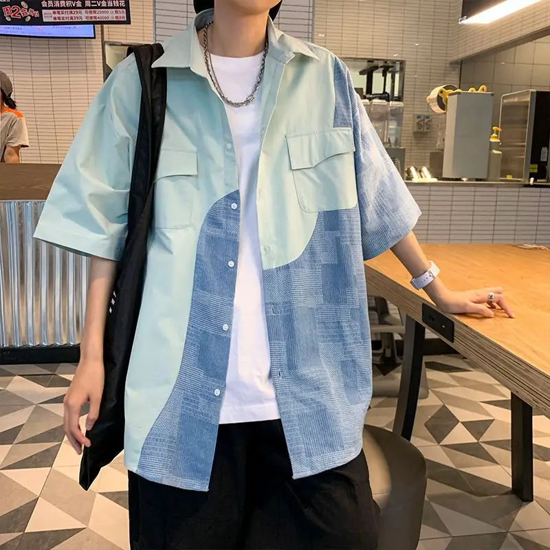 Shirts for Men Splicing Half Sleeve Contrast Color with Pocket Man Shirt Cotton Sale Sleeves Korean Popular Clothes Designer