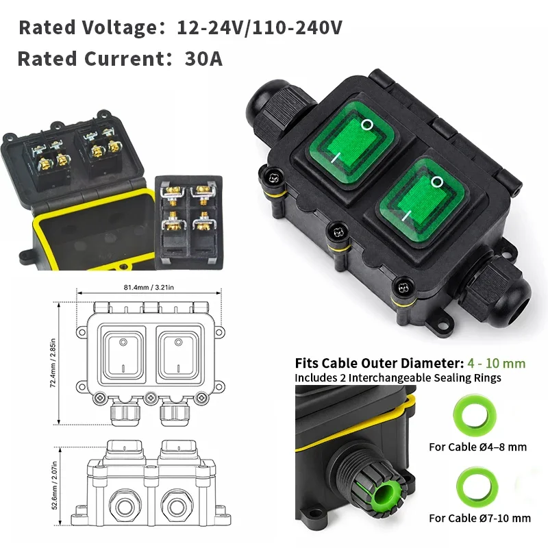 IP68 Wasserdichte Inline-Kabelschalterbox Einzel/Doppel Ein/Aus Optional mit LED-Anzeige 16A 30A 24V 220V für Außen- und Gartenbeleuchtung – Detail 4