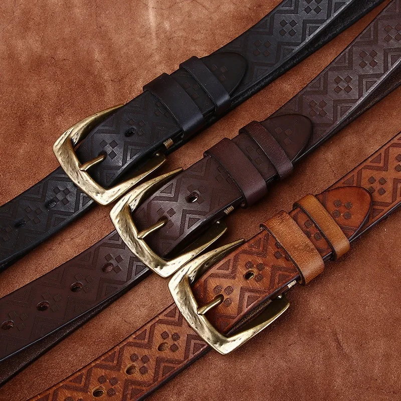 3.8cm Genuine Leather Belts for Men's High Quality Copper Buckle Jeans Cowskin Laser Engraving Belts Cowboy Waistband Male