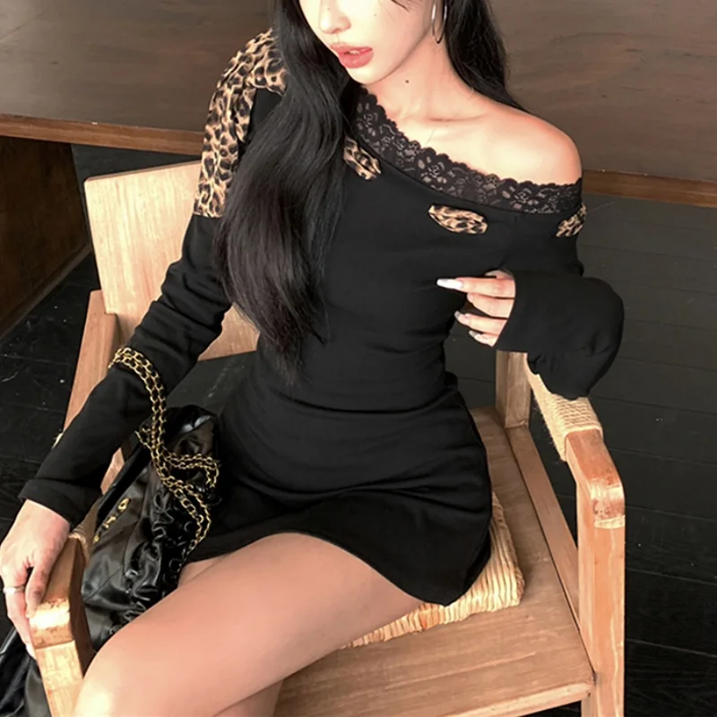 Sexy Dress Women y2k Clothes Leopard Print Lace Trim Off Shoulder Long Sleeve A Line Mini Dress Party Dresses Clubwear